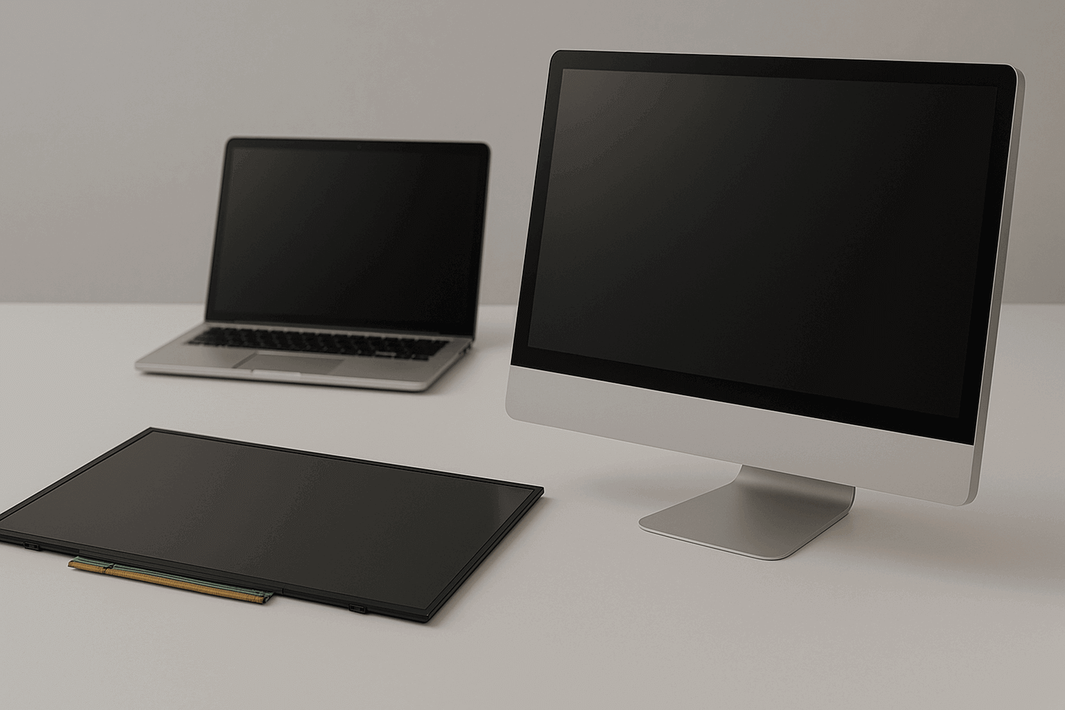Laptop and all-in-one computer LCD screens displayed on a clean background, representing replacement screen products from LCDland.com